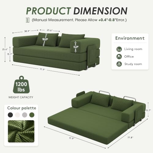 78" 5-in-1 Convertible Futon Sofa Bed, Boneless Couch for Living Room