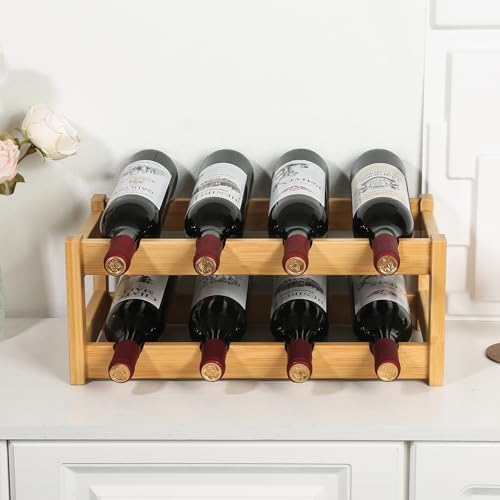 VASMIA Wine Rack, 2-Tier Bamboo Wine Racks Countertop Cabinet Wine Holder Wine Storage Shelf for Pantry Kitchen Bar, Natural
