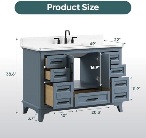 48" Bathroom Vanity with Sink, Fully Assembled, Steel Blue | Solid Wood Bathroom Vanities Set with Quartz Countertop, 2 Soft Close Doors & 7 Full Extension Dovetail Drawers