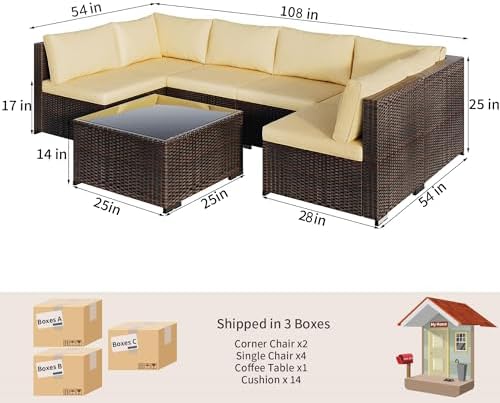 Qsun Patio Furniture Sets 7 Pieces Outdoor Sectional Rattan Sofa Manual Weaving Wicker Patio Conversation Set with Glass Table and Cushion (Beige)