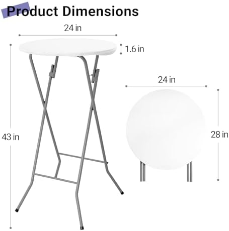 Byliable 24in Round Folding Cocktail Table, Plastic Bar Height Table, White