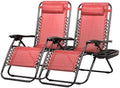 Nazhura Set of 2 Relaxing Recliners Patio Chairs Adjustable Steel Mesh Zero Gravity Lounge Chair Beach Chairs with Pillow and Cup Holder Khaki (Pink)