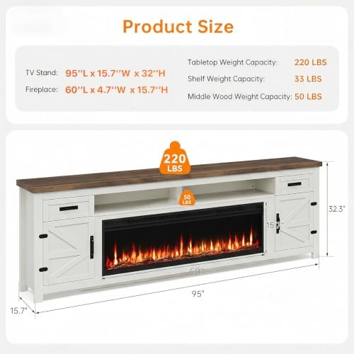 Fireplace TV Stand with Barn Door, 95 inch, Modern White