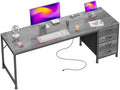 PRAISUN 63 Inch Computer Office Desk with Power Outelts and USB-C Port, Reversible Gaming Desk with 4 Fabric Drawers, Work Study Desk Work from Home, Grey