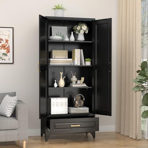 SteeLoong 75" Metal Storage Cabinet with Doors and 3 Adjustable Shelves | Kitchen Pantry Cabinet with Drawer,Black Kitchen Cabinet with 2 Gold Handles,Food Cupboard for Livingroom,Pantry, Bathroom