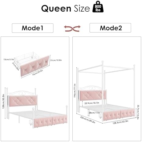 Queen Upholstered Canopy Bed Frame with 2 Drawers & Crystal Tufted Storage Headboard Two-Purpose Metal Platform Bed with 4 Removable Posts & Charging Station Pink Princess Bed, Curtain Not Included