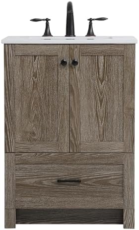 24" Pre-Assembled Bathroom Vanity with Sink, Engineered Wood, Ivory White Engineered Marble Countertop Attached, Single Rectangle Porcelain Sink, 1 Soft-Close Drawers, Weathered Oak