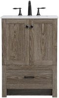 24" Pre-Assembled Bathroom Vanity with Sink, Engineered Wood, Ivory White Engineered Marble Countertop Attached, Single Rectangle Porcelain Sink, 1 Soft-Close Drawers, Weathered Oak