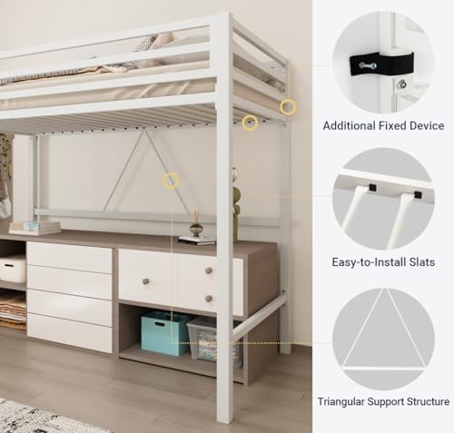 Allewie Metal Loft Bed Twin Size with Guardrail and Ladder,White
