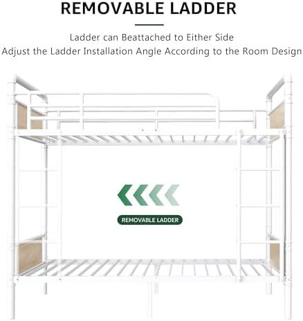 Jocoevol Metal Bunk Bed Twin Over Twin, Industrial Bunkbeds Heavy Duty Bed with Safety Guard Rails and Space-Saving Design, Steel Bed for School, Bedroom (White)