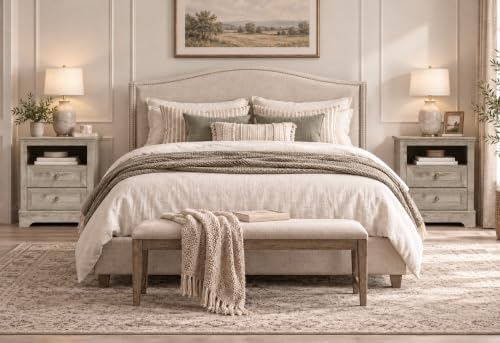 LOUVIXA Farmhouse Bedroom Sets of 4, Including 9 Drawer Dresser, 5 Drawer Dressers and Nightstand Set of 2 with Charging Station (Grey Sets, 4 Pieces)