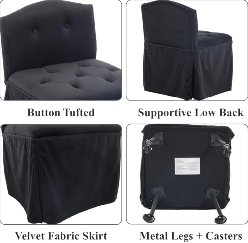 Black Velvet Makeup Vanity Chair with Back & Wheels