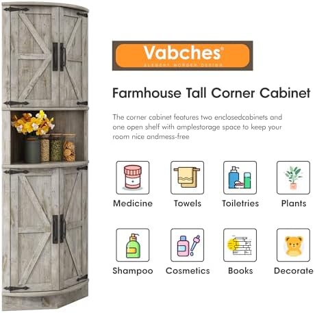 Vabches 64.8" Tall Farmhouse Corner Cabinet with 4 Doors and 5 Storage Shelves, Farmhouse Storage Cabinet with Barn Door Design, Home Space Saver for Living Room, Kitchen, Laundry Room,Grey