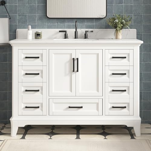 48 Inch Bathroom Vanity with Sink, Fully Assembled, White | Farmhouse Solid Wood Bathroom Sink Cabinet, 2 Soft Close Doors & 7 Dovetail Pine Drawers, Quartz Countertop, Backsplash