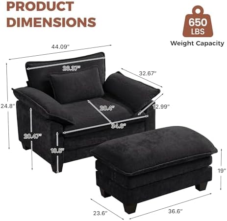 Oversized Accent Chair with Ottoman,44" Chenille Cloud Sofa Chair with Deep Seat,Upholstered Armchair with Extra Thick,Modern Comfy Reading Chairs for Living Room Bedroom Apartment Black
