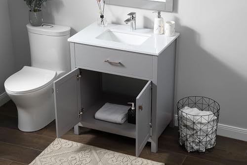 30" Pre-Assembled Bathroom Vanity with Sink, Engineered Wood, Calacatta White Engineered Marble Countertop Attached, Single Rectangle Porcelain Sink, Grey
