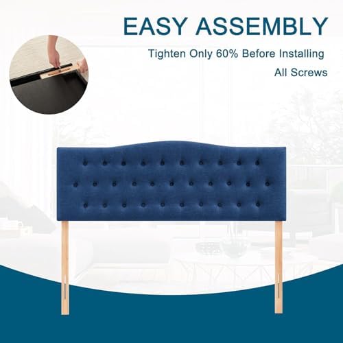 Tufted Headboard King Size, Solid Wood Adjustable Height Head Board, Blue