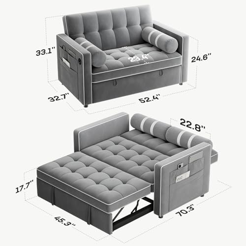 Marsail Futon Sleeper Sofa Bed, Convertible Pull Out Couch, Light Gray