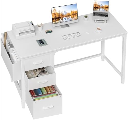 Lufeiya White Computer Desk with Fabric File Drawers Cabinet, 55 Inch Reversible Desks with Storage Filing Cabinet for Home Office, Modern Writing Table PC Desks for Bedroom, White