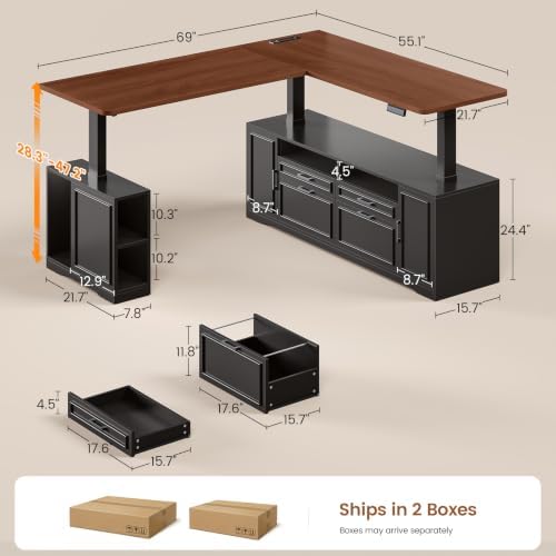 SEDETA Farmhouse L Shaped Executive Electric Standing Desk with 4 Drawers