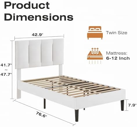 VECELO Twin Size Bed Frame with Upholstered Headboard, Pure White