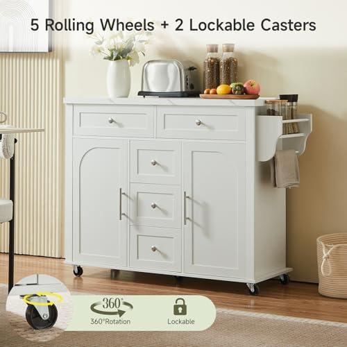 ONBRILL 47" Kitchen Island with 2 Storage Cabinets & 5 Drawers, White