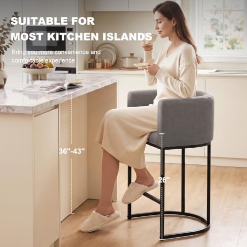 26" H Counter Height Bar Stools Set of 4, Modern Barrel Counter Stools with Backrest and Arms, Linen Fabric Upholstered Accent Barstools for Kitchen Island,Support 450 LBS (Gray)