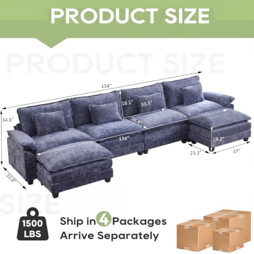Oprisen 154" Modular Sectional Sofa, Comfy Deep Cloud Couch with Ottoman