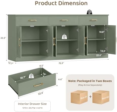 HOSTACK 71"W Farmhouse Kitchen Sideboard Buffet Cabinet with Storage, Green