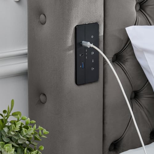LUMISOL Canopy Bed Frame Queen Size, Velvet Upholstered Platform Bed with Button Tufted Headboard, Four Posters, Built-in Speaker and Charging Station, Heavy Duty Mattress Foundation, Grey