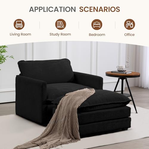 ROWHY 41'' Single Armchair with Ottoman, Modern Corduroy Cloud Couch with Convertible Chaise, Upholstered Sofa Set for Living Room, Black