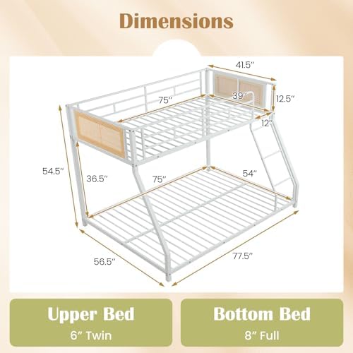 Giantex Twin Over Full Metal Bunk Bed, Boho Rattan Floor Bunkbeds with Ladder & Full-length Guardrails, Heavy Duty Metal Slats Support Bed Frame for Teens, Adults, Guests, No Box Spring Needed (White)