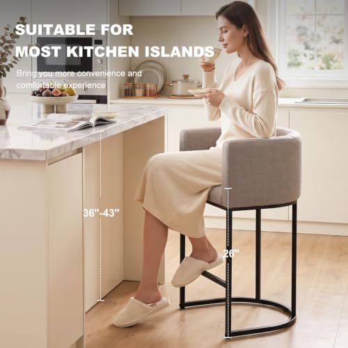 26" H Counter Height Bar Stools Set of 3, Modern Barrel Counter Stools with Backrest and Arms, Linen Fabric Upholstered Accent Barstools for Kitchen Island,Support 450 LBS (Sand)