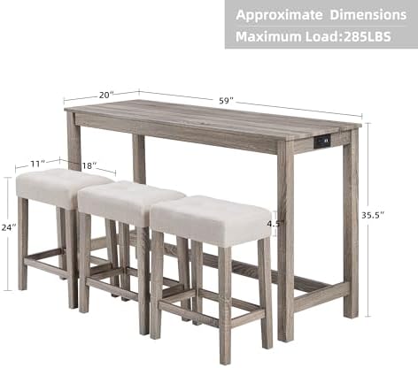DUHOME 4 Piece Bar Table Set with Power Outlet,Industrial Breakfast Table with 3 Padded Stools Solid Wood Counter Height Dining Table Set for Living Room, Dining Room Cream+Brown