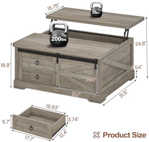 Itaar 39.4'' Lift Top Coffee Table with Storage, Farmhouse Coffee Tables for Living Room, Square Coffee Table with Large Hodden Compartment & 2 Drawrs & Adjustables Shelves (Gray)