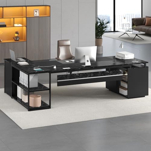 78" Executive Desk with Lockable File Cabinet, L Shaped Office Desk with Power Outlets, Large Executive Desk with Drawers and Storage Shelves, Reversible Computer Desk, Marble Grain
