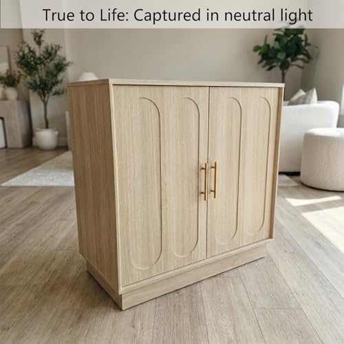 holzart 31.5" Modern 2 Door Storage Cabinet, Light Oak Sideboard Buffet Cabinet with Gold Handles, Fluted Wood Accent Cabinet for Living Room, Entryway Console, Home Office Printer Stand