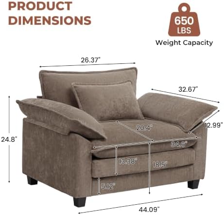 Oversized Accent Chair,44" Chenille Living Room Chairs,Modern Upholstered Armchair Cloud Sofa Chair with Extra Thick,Comfy Reading Chair Side Chair for Living Room Bedroom Apartment Brown