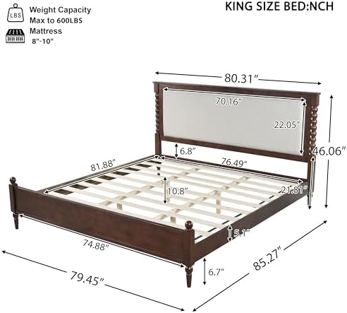 Merax King Size Solid Wood Platform Bed Frame, Upholstered Headboard & Classic Spindle & with Fabric Panel, No Box Spring Needed, 500 lbs Capacity Timeless Traditional for Bedroom, Brown
