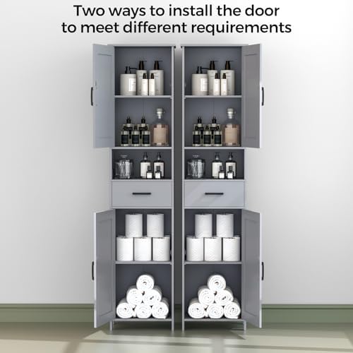Homhedy 67" H Tall Bathroom Storage Cabinet with Barn Doors and Drawer | Narrow Storage Unit with Adjustable Shelves, Floor Cabinet for Bathroom, Living Room, Entryway or Kitchen, Gray, 15.7" W