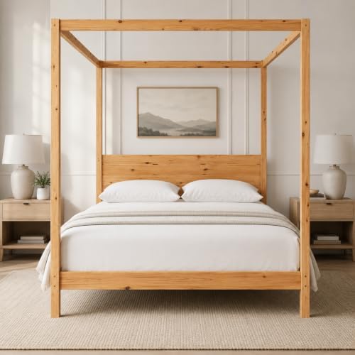 Solid Pine Canopy Bed Frame, King — Natural Pine Painted Finish