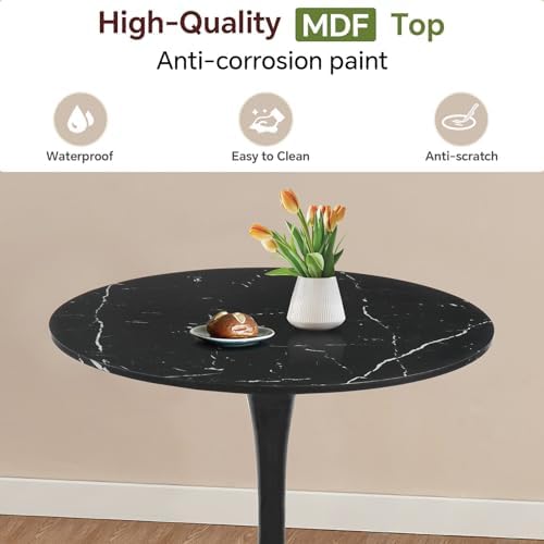 27.5" Tulip Round Dining Table with Metal Pedestal Marble Bk