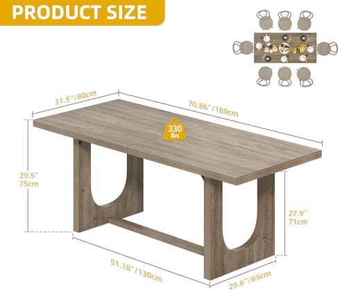 DWVO 70.86" Farmhouse Dining Table for 6-8, Wooden Table, Grey Oak