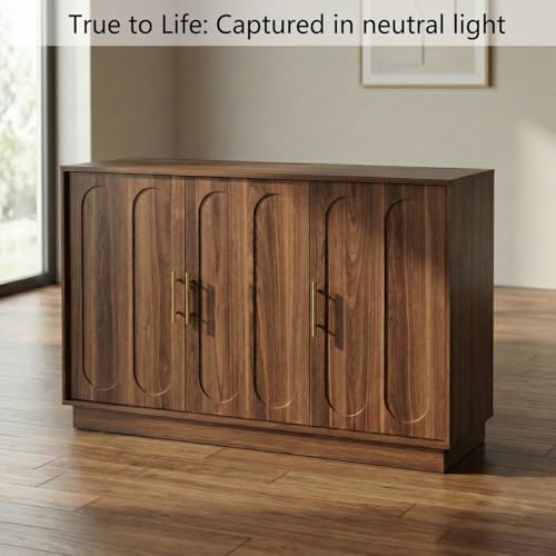 holzart 46.6" Modern Farmhouse 3 Door Storage Cabinet, Rustic Brown Sideboard Buffet with Gold Handles, Large Fluted Wood Credenza for Dining Room, Living Room, Coffee Bar