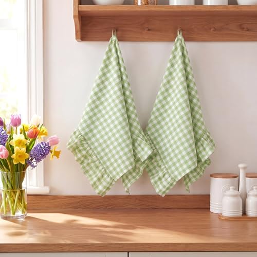 HunnmingRe 2 Pcs Mint Green Gingham Kitchen Towels Cotton Ruffled