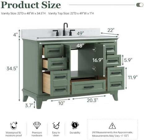 48 Inch Fully Assembled Bathroom Vanity with Sink, Sage Green | Modern Solid Wood Freestanding Vanity for Bathroom, Quartz Top & Backsplash, Soft-Close Doors, Dovetail Drawers, Bath Upgrade