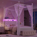 HIFIT Twin Size LED Canopy Bed Frame with Storage & Charging Station, Beige