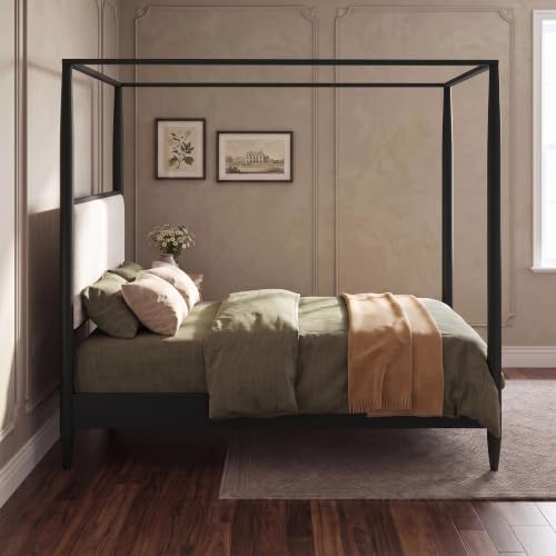 King Size Wood Canopy Bed Frame, Black Vintage Four-Posters Platform Beds