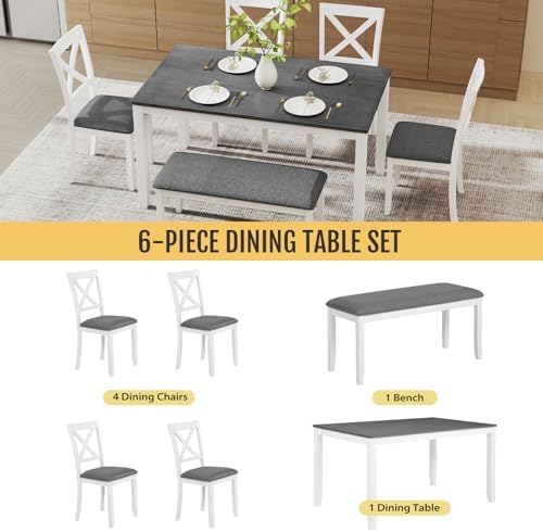 Zevemomo 6-Piece Solid Wood Dining Table Set, Wooden Legs Dinner Set, White
