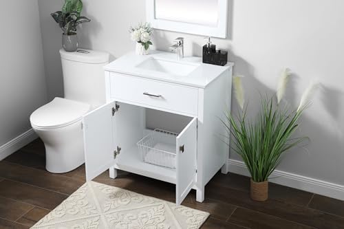 30" Pre-Assembled Bathroom Vanity with Sink, Engineered Wood, Calacatta White Engineered Marble Countertop Attached, Single Rectangle Porcelain Sink, White